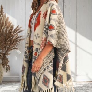 Beige Red Western Pattern Winter Oversized Open Cape Ruana Fringe One Size